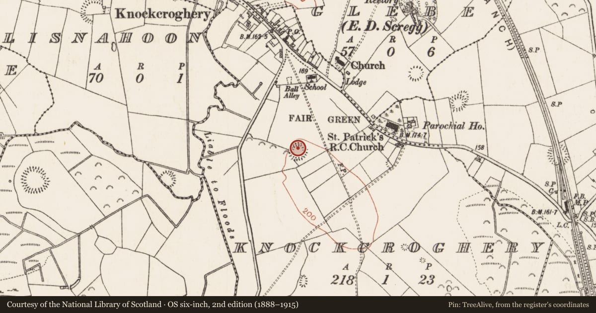 Ordnance Survey six-inch map, 2nd edition (1888–1915) covering the location of House - indeterminate date, Knockcroghery, County Roscommon, with a pin at the register's coordinates