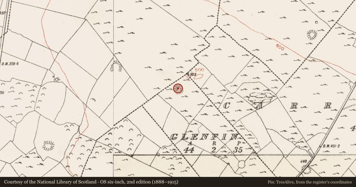 Ordnance Survey six-inch map, 2nd edition (1888–1915) covering the location of Barrow - ring-barrow, Glenfin, County Roscommon, with a pin at the register's coordinates
