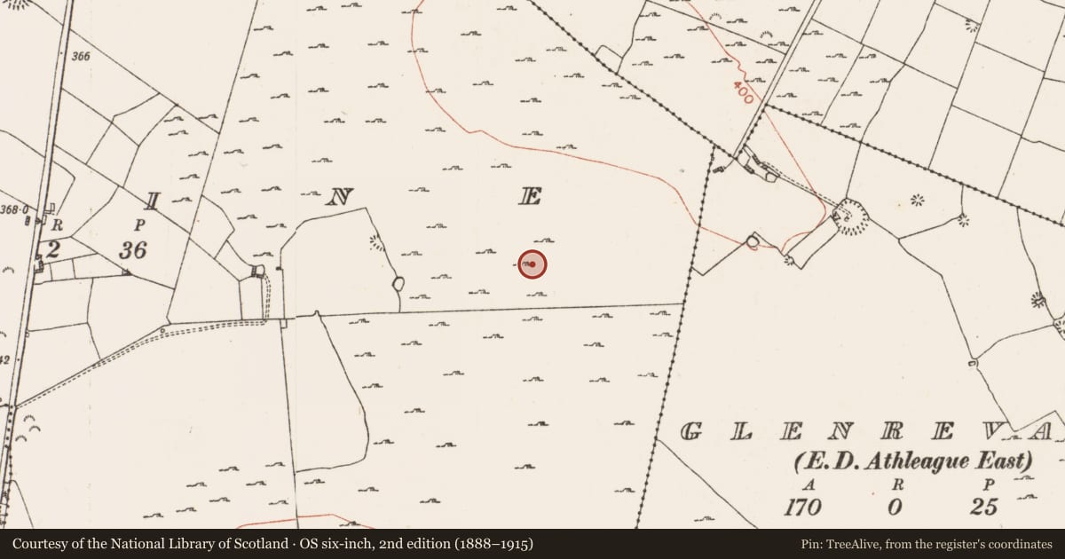 Ordnance Survey six-inch map, 2nd edition (1888–1915) covering the location of Quarry, Skrine, County Roscommon, with a pin at the register's coordinates