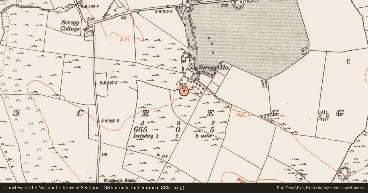 Ordnance Survey six-inch map, 2nd edition (1888–1915) covering the location of Bawn, Scregg, County Roscommon, with a pin at the register's coordinates