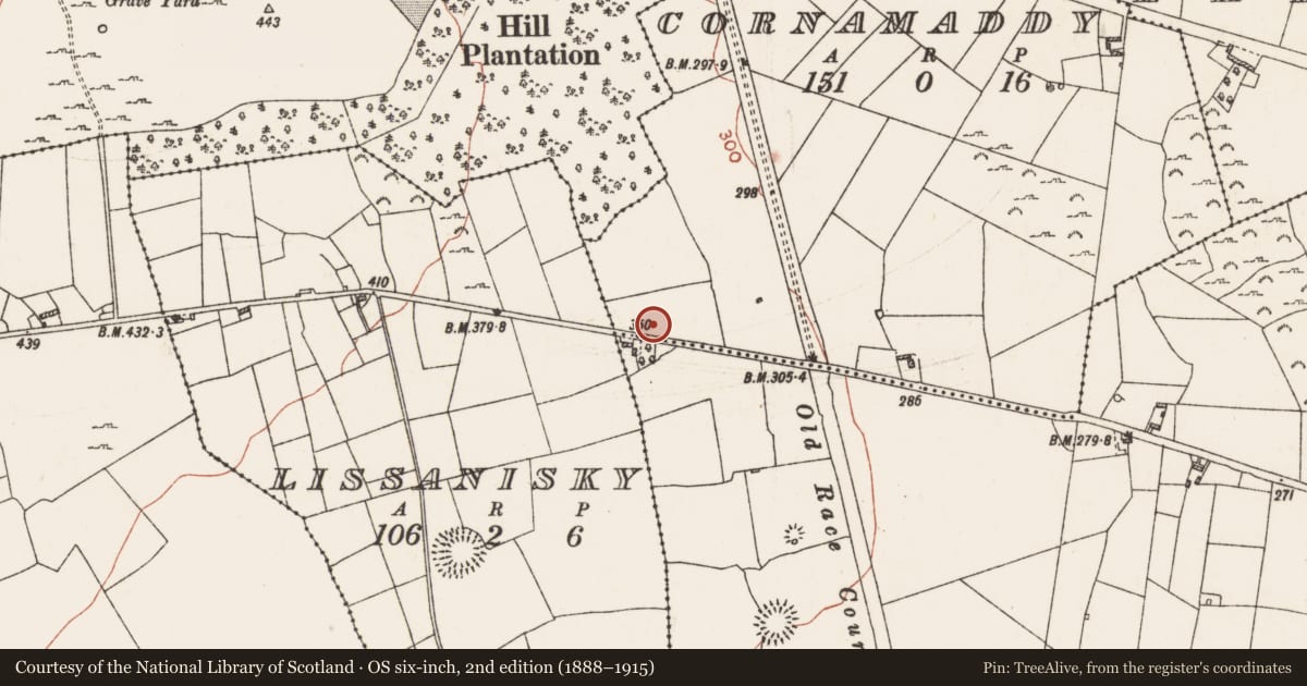 Ordnance Survey six-inch map, 2nd edition (1888–1915) covering the location of Ringfort - rath, Cornamaddy, Moneymore, County Roscommon, with a pin at the register's coordinates