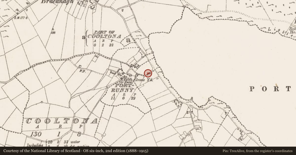 Ordnance Survey six-inch map, 2nd edition (1888–1915) covering the location of Ritual site - holy well, Portrunny, County Roscommon, with a pin at the register's coordinates