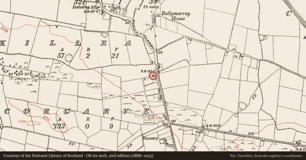 Ordnance Survey six-inch map, 2nd edition (1888–1915) covering the location of Meeting-house, Corgarve, County Roscommon, with a pin at the register's coordinates