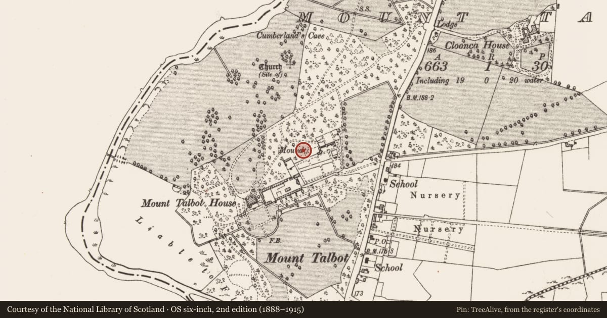Ordnance Survey six-inch map, 2nd edition (1888–1915) covering the location of Barrow - unclassified, Mount Talbot, County Roscommon, with a pin at the register's coordinates