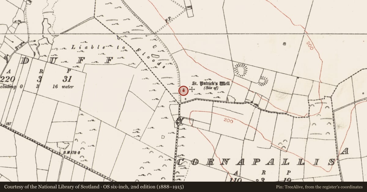 Ordnance Survey six-inch map, 2nd edition (1888–1915) covering the location of Ritual site - holy well, Kilmore, County Roscommon, with a pin at the register's coordinates