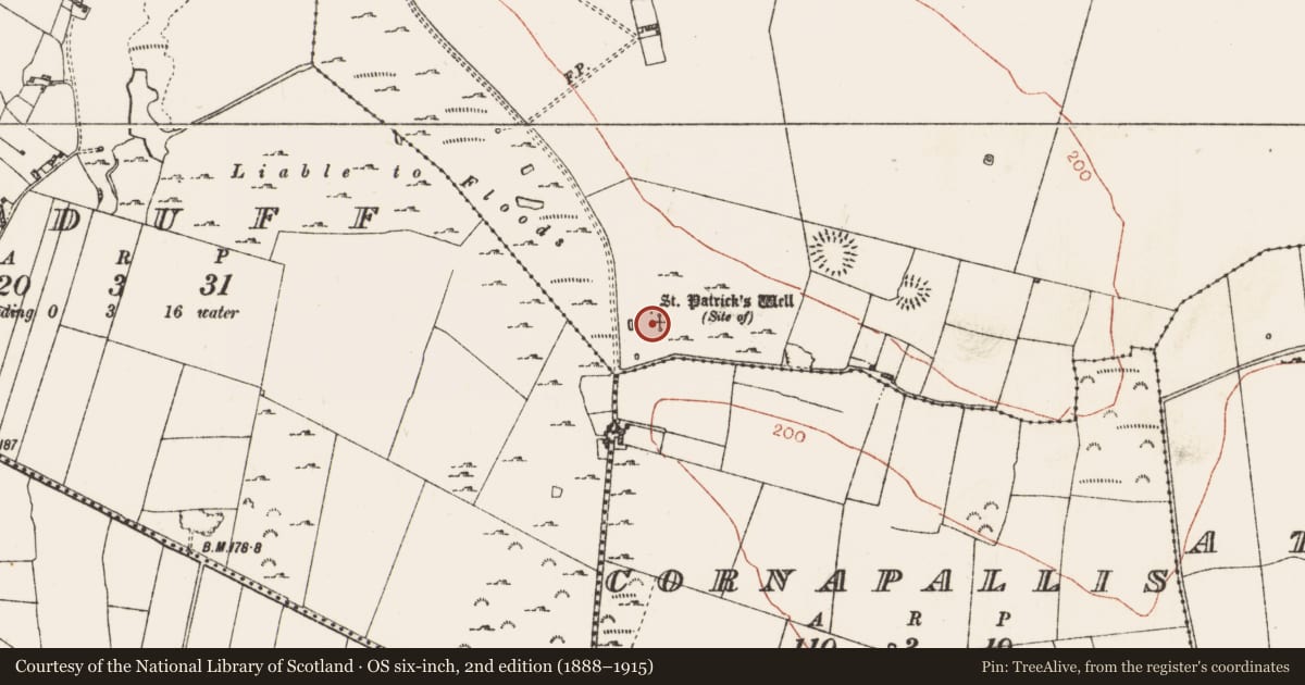 Ordnance Survey six-inch map, 2nd edition (1888–1915) covering the location of Bullaun stone, Kilmore, County Roscommon, with a pin at the register's coordinates