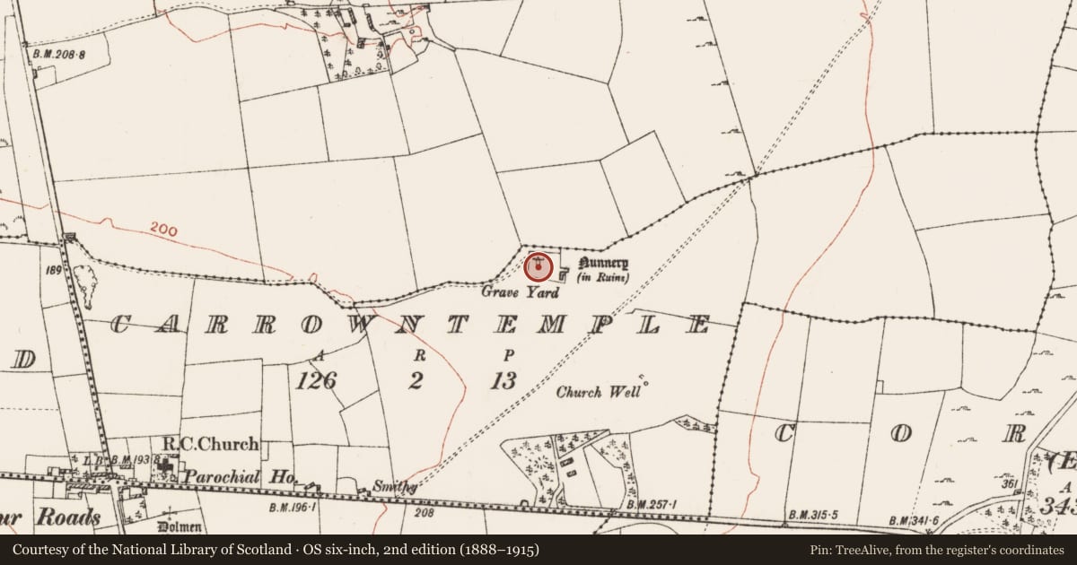 Ordnance Survey six-inch map, 2nd edition (1888–1915) covering the location of Graveyard, Carrowntemple, County Roscommon, with a pin at the register's coordinates