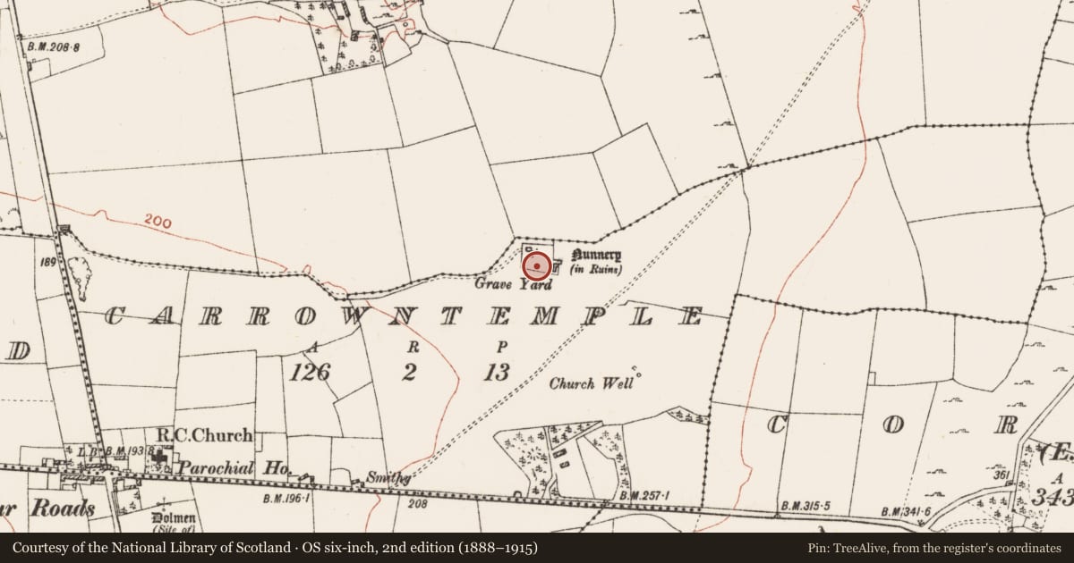 Ordnance Survey six-inch map, 2nd edition (1888–1915) covering the location of Cross - Churchyard cross, Carrowntemple, County Roscommon, with a pin at the register's coordinates