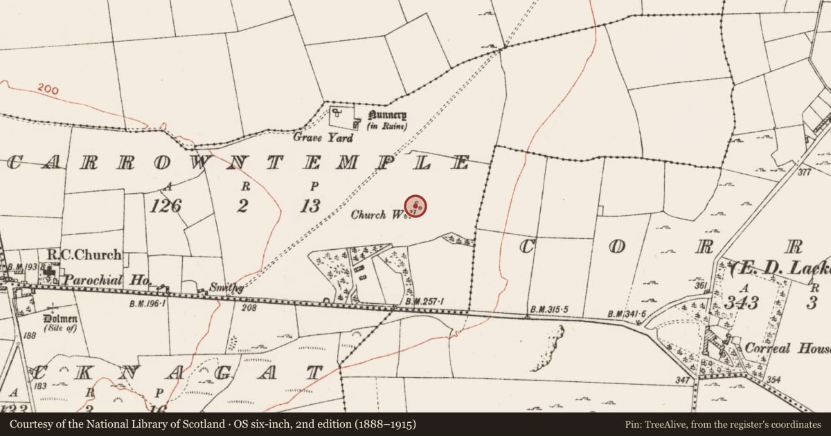 Ordnance Survey six-inch map, 2nd edition (1888–1915) covering the location of Well, Carrowntemple, County Roscommon, with a pin at the register's coordinates