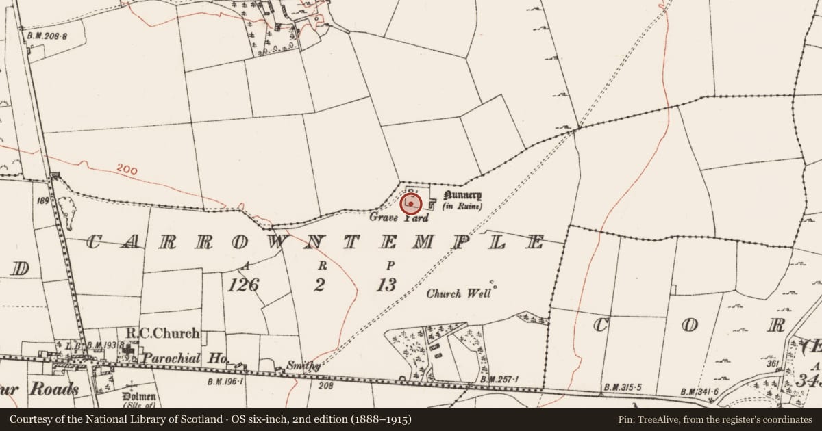 Ordnance Survey six-inch map, 2nd edition (1888–1915) covering the location of Cross, Carrowntemple, County Roscommon, with a pin at the register's coordinates
