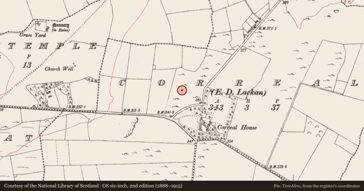 Ordnance Survey six-inch map, 2nd edition (1888–1915) covering the location of Road - road/trackway, Correal, County Roscommon, with a pin at the register's coordinates