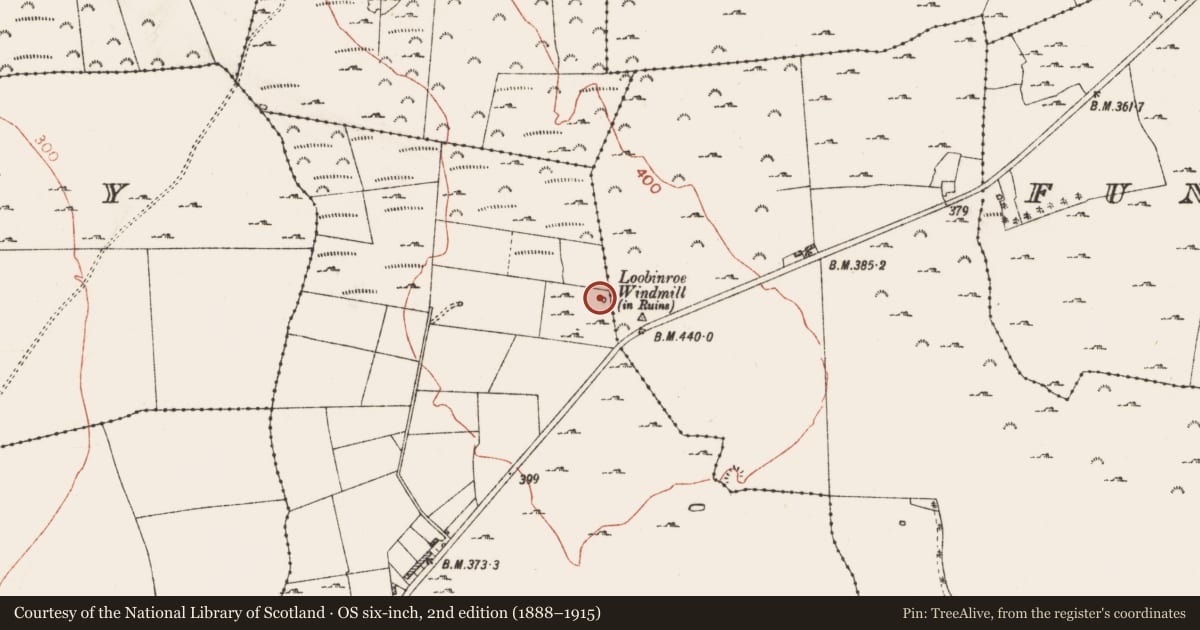Ordnance Survey six-inch map, 2nd edition (1888–1915) covering the location of Windmill, Correal, County Roscommon, with a pin at the register's coordinates