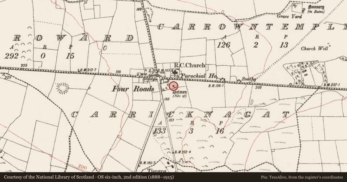 Ordnance Survey six-inch map, 2nd edition (1888–1915) covering the location of Megalithic structure, Carricknagat, County Roscommon, with a pin at the register's coordinates