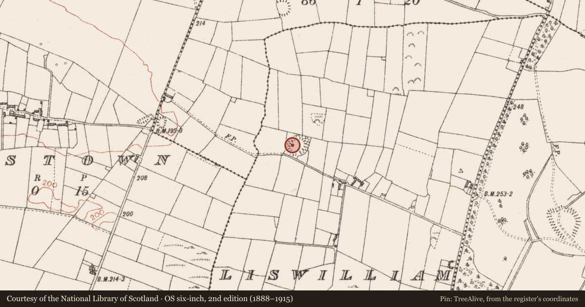 Ordnance Survey six-inch map, 2nd edition (1888–1915) covering the location of Souterrain, Liswilliam, County Roscommon, with a pin at the register's coordinates