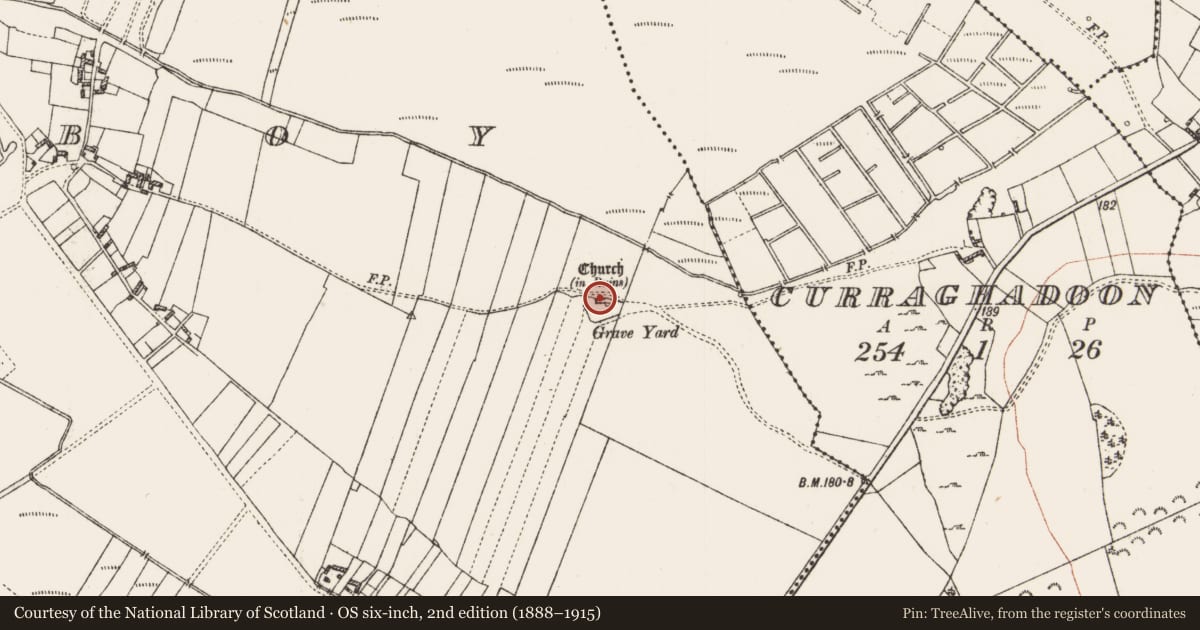 Ordnance Survey six-inch map, 2nd edition (1888–1915) covering the location of Church, Taghboy, County Roscommon, with a pin at the register's coordinates