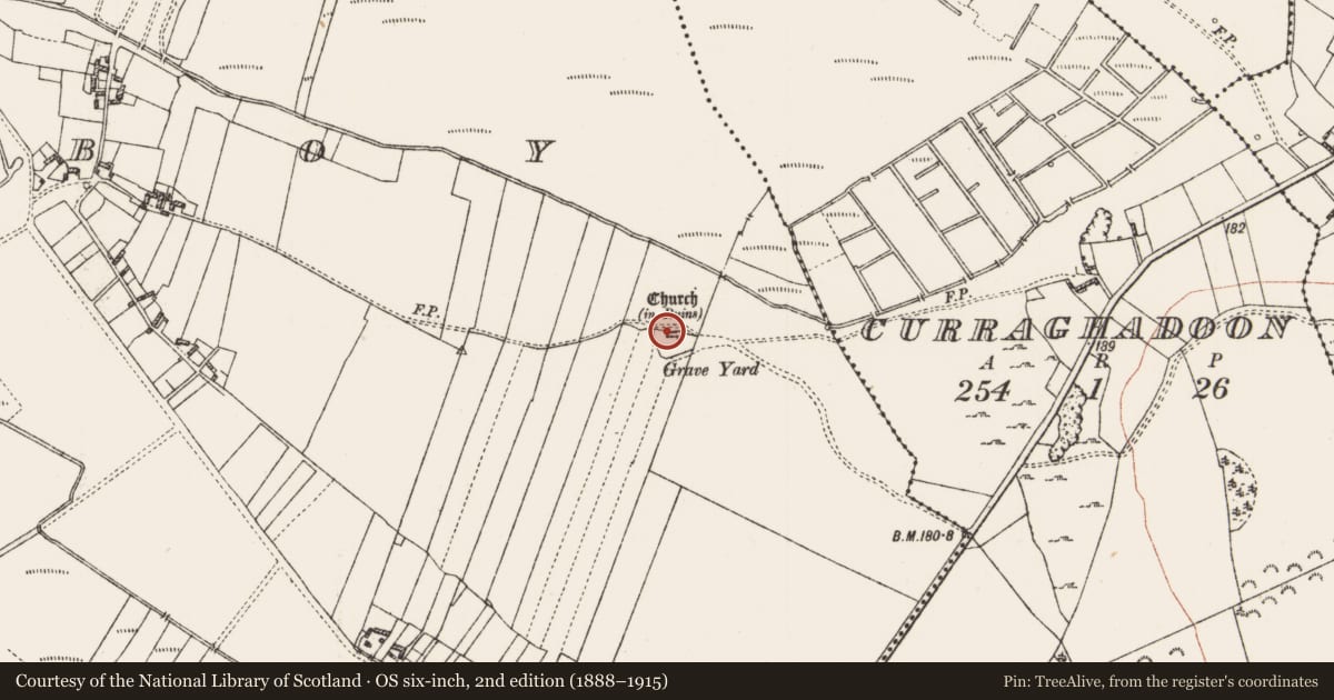 Ordnance Survey six-inch map, 2nd edition (1888–1915) covering the location of Architectural fragment, Taghboy, County Roscommon, with a pin at the register's coordinates