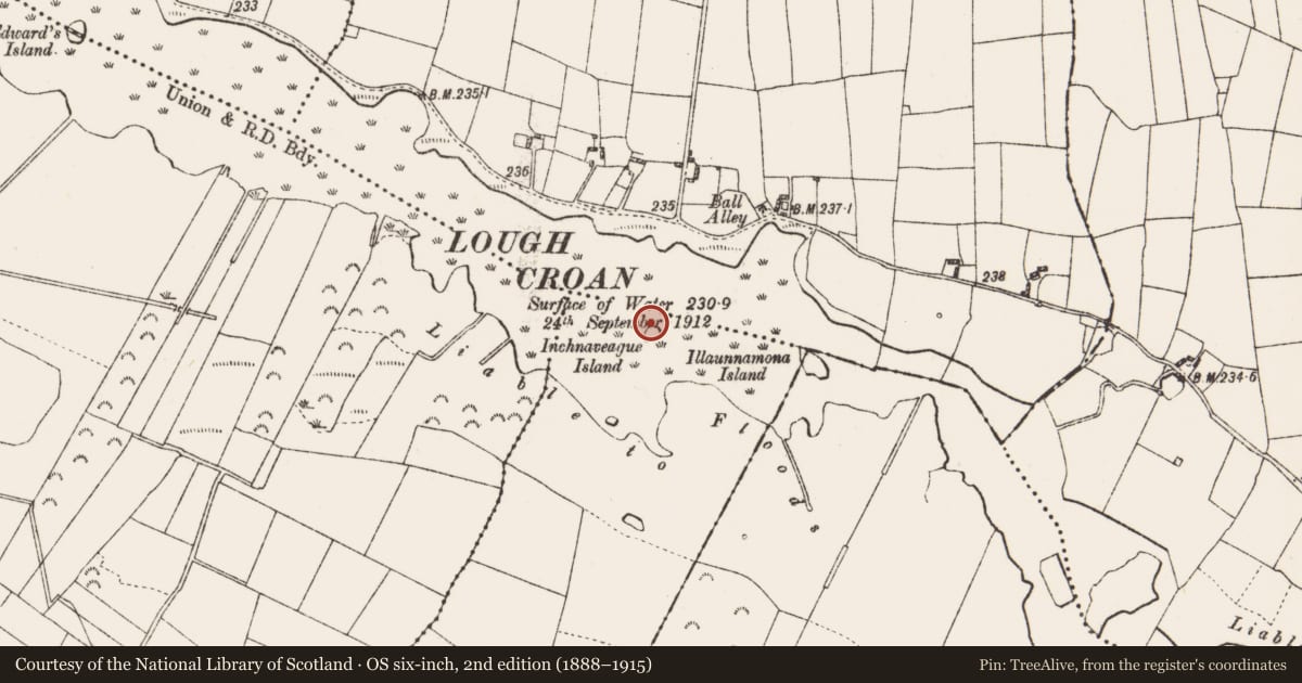 Ordnance Survey six-inch map, 2nd edition (1888–1915) covering the location of Crannog, Garrynphort, County Roscommon, with a pin at the register's coordinates