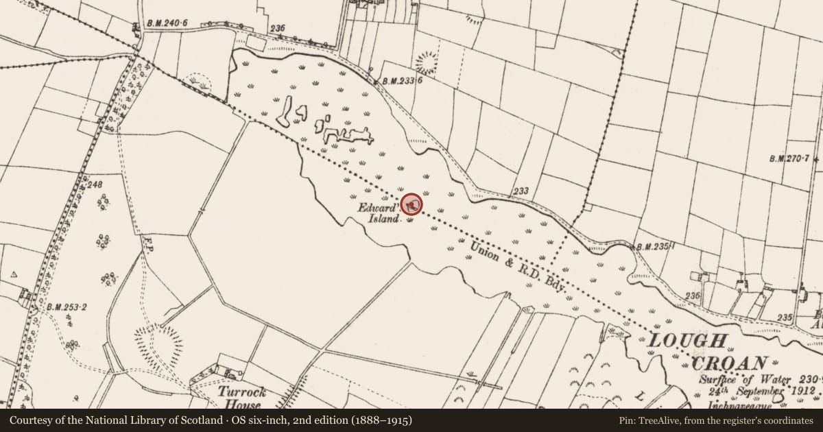 Ordnance Survey six-inch map, 2nd edition (1888–1915) covering the location of Crannog, Carrowntlieve, Turrock, County Roscommon, with a pin at the register's coordinates