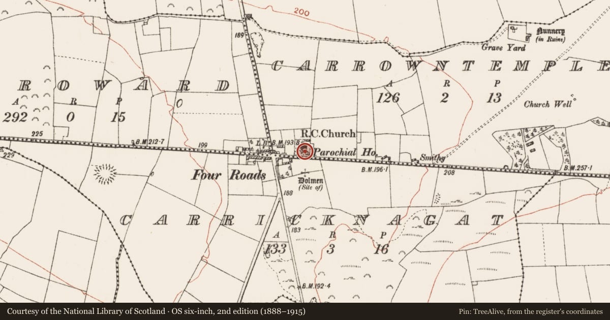 Ordnance Survey six-inch map, 2nd edition (1888–1915) covering the location of Bullaun stone (present location), Carrowntemple, County Roscommon, with a pin at the register's coordinates