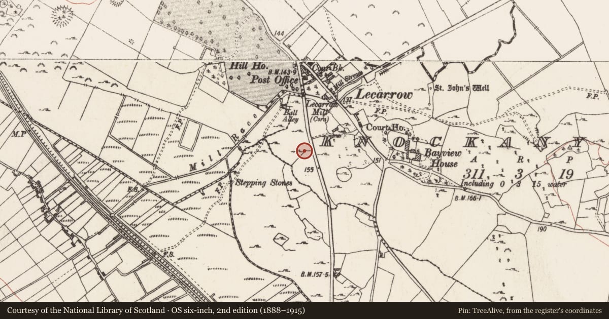 Ordnance Survey six-inch map, 2nd edition (1888–1915) covering the location of Megalithic structure, Knockanyconor, County Roscommon, with a pin at the register's coordinates