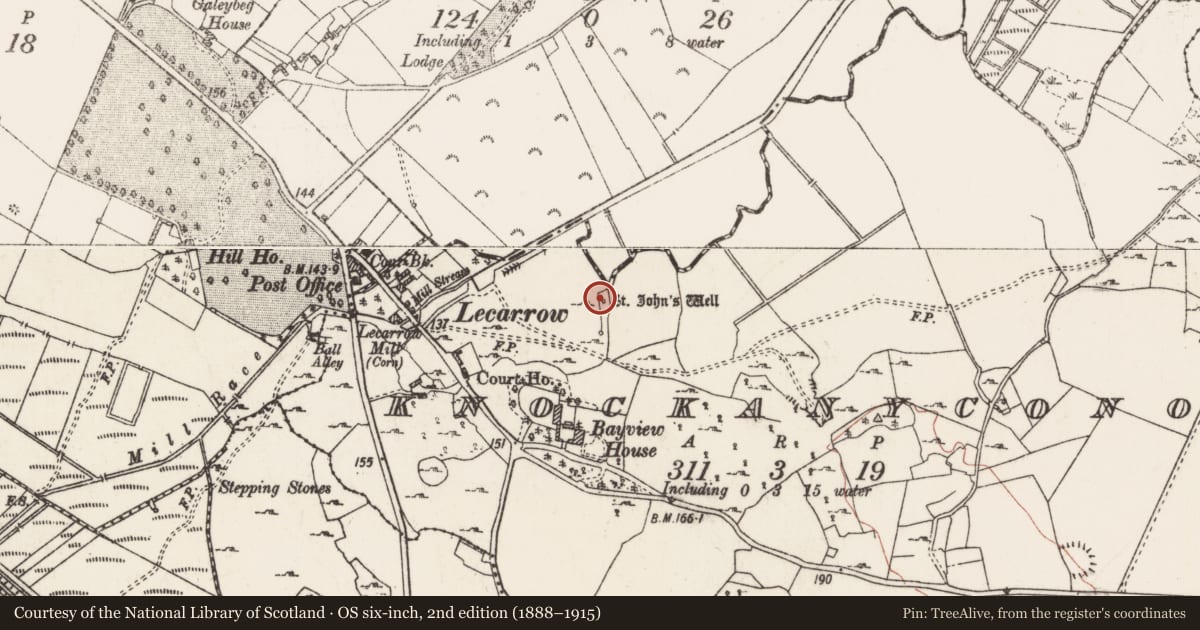 Ordnance Survey six-inch map, 2nd edition (1888–1915) covering the location of Ritual site - holy well, Knockanyconor, County Roscommon, with a pin at the register's coordinates