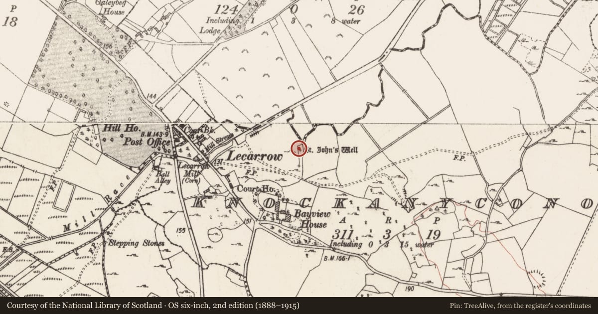 Ordnance Survey six-inch map, 2nd edition (1888–1915) covering the location of Ritual site - holy well, Knockanyconor, County Roscommon, with a pin at the register's coordinates