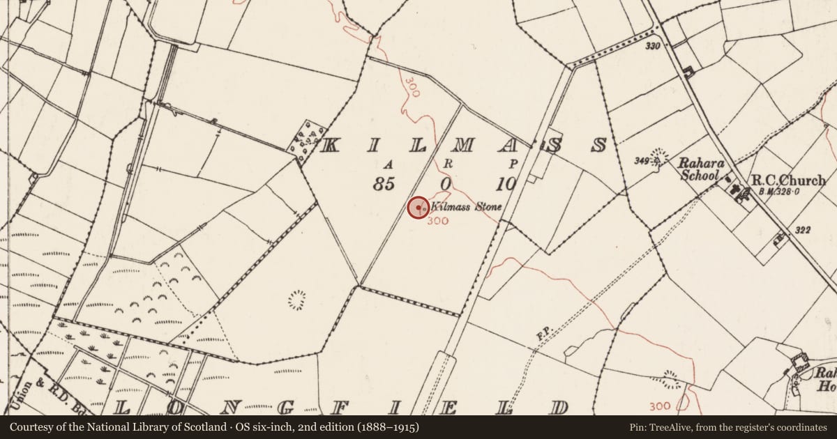 Ordnance Survey six-inch map, 2nd edition (1888–1915) covering the location of Standing stone, Kilmass, County Roscommon, with a pin at the register's coordinates