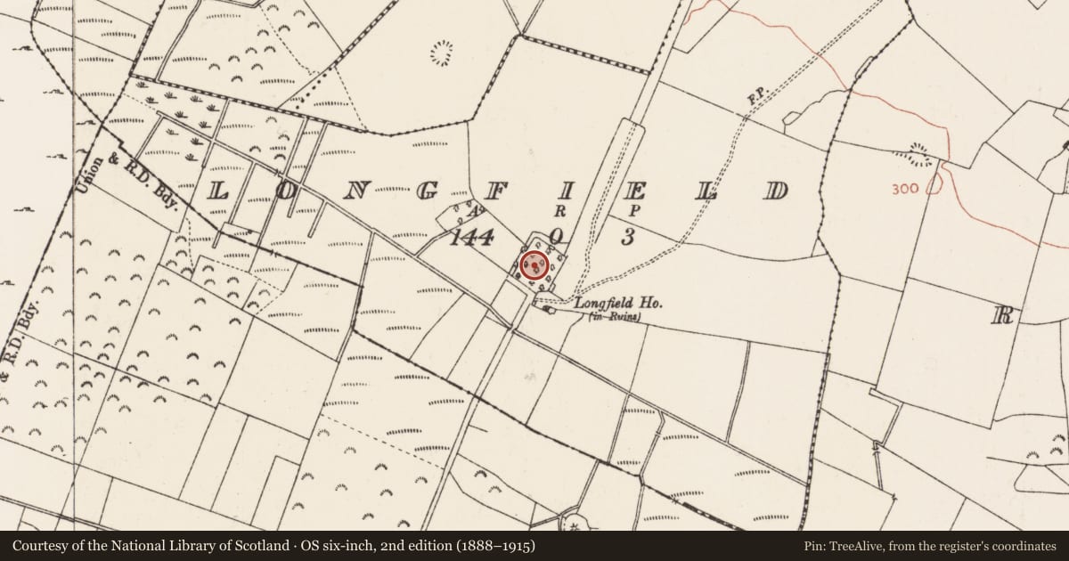 Ordnance Survey six-inch map, 2nd edition (1888–1915) covering the location of Walled garden, Longfield, County Roscommon, with a pin at the register's coordinates