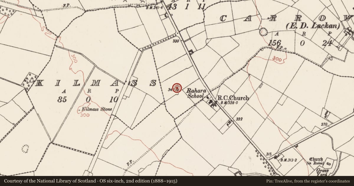 Ordnance Survey six-inch map, 2nd edition (1888–1915) covering the location of Barrow - unclassified, Carrowkeel, County Roscommon, with a pin at the register's coordinates