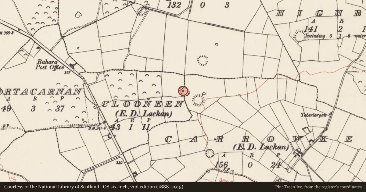 Ordnance Survey six-inch map, 2nd edition (1888–1915) covering the location of Ringfort - rath, Carrowkeel, Clooneen, County Roscommon, with a pin at the register's coordinates