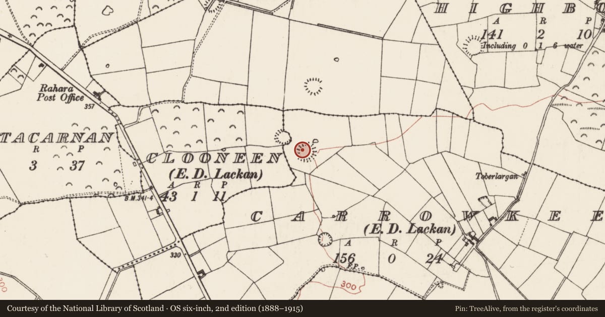 Ordnance Survey six-inch map, 2nd edition (1888–1915) covering the location of Ringfort - rath, Carrowkeel, County Roscommon, with a pin at the register's coordinates