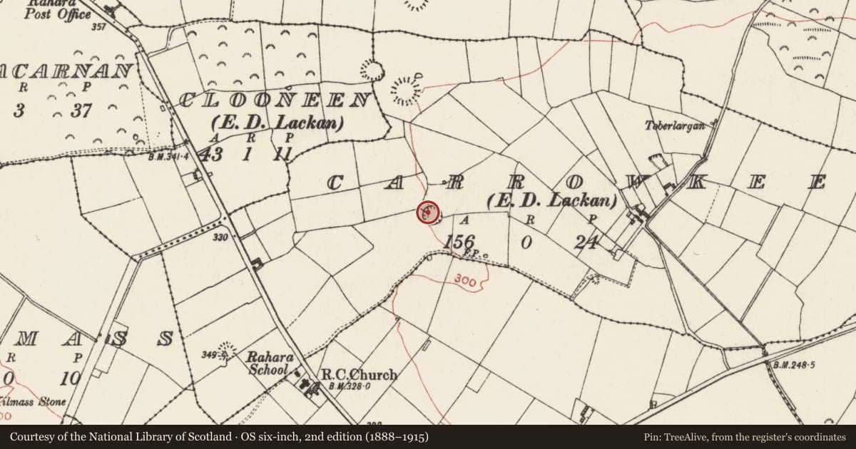 Ordnance Survey six-inch map, 2nd edition (1888–1915) covering the location of Ringfort - rath, Carrowkeel, County Roscommon, with a pin at the register's coordinates