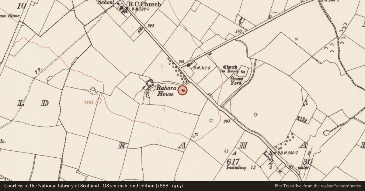 Ordnance Survey six-inch map, 2nd edition (1888–1915) covering the location of Ringfort - rath, Rahara, County Roscommon, with a pin at the register's coordinates