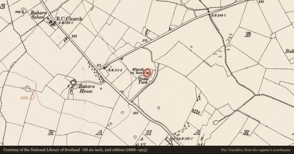 Ordnance Survey six-inch map, 2nd edition (1888–1915) covering the location of Church, Rahara, County Roscommon, with a pin at the register's coordinates
