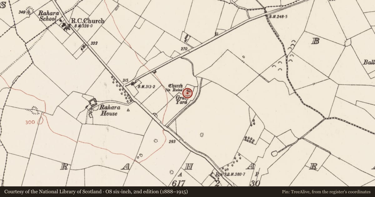 Ordnance Survey six-inch map, 2nd edition (1888–1915) covering the location of Graveyard, Rahara, County Roscommon, with a pin at the register's coordinates
