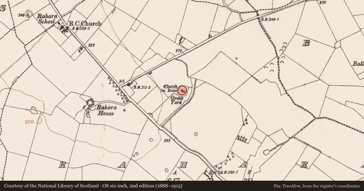 Ordnance Survey six-inch map, 2nd edition (1888–1915) covering the location of Sheela-na-gig, Rahara, County Roscommon, with a pin at the register's coordinates