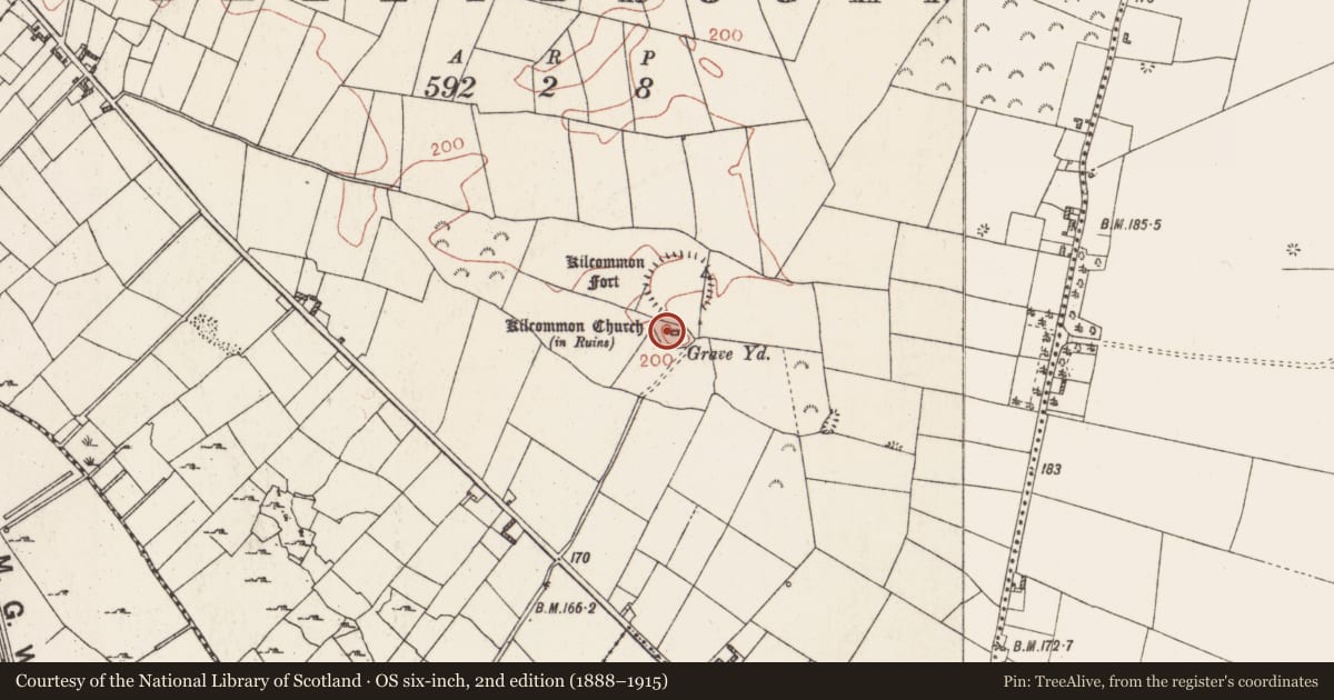 Ordnance Survey six-inch map, 2nd edition (1888–1915) covering the location of Church, Ballybrogan, County Roscommon, with a pin at the register's coordinates