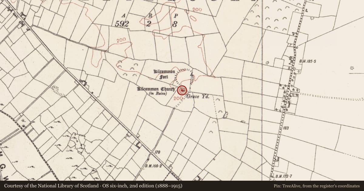 Ordnance Survey six-inch map, 2nd edition (1888–1915) covering the location of Graveslab, Ballybrogan, County Roscommon, with a pin at the register's coordinates