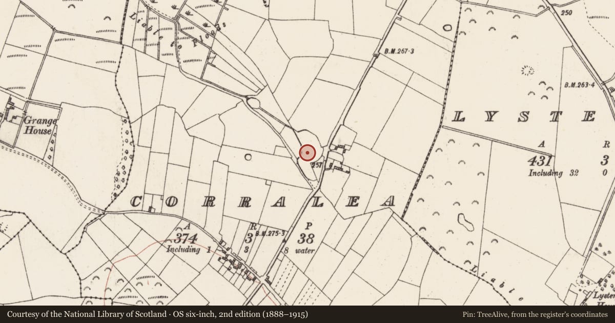 Ordnance Survey six-inch map, 2nd edition (1888–1915) covering the location of Fulacht fia, Corralea, County Roscommon, with a pin at the register's coordinates