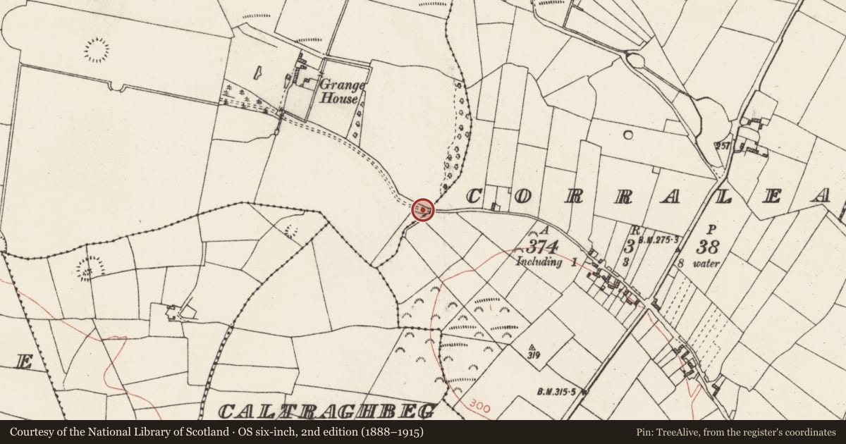 Ordnance Survey six-inch map, 2nd edition (1888–1915) covering the location of Gateway, Grange, Corralea, County Roscommon, with a pin at the register's coordinates