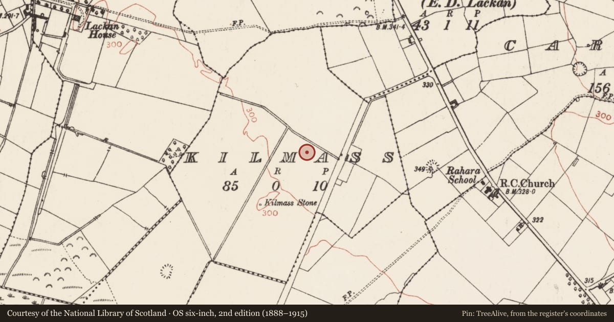 Ordnance Survey six-inch map, 2nd edition (1888–1915) covering the location of Barrow - pond barrow, Kilmass, County Roscommon, with a pin at the register's coordinates