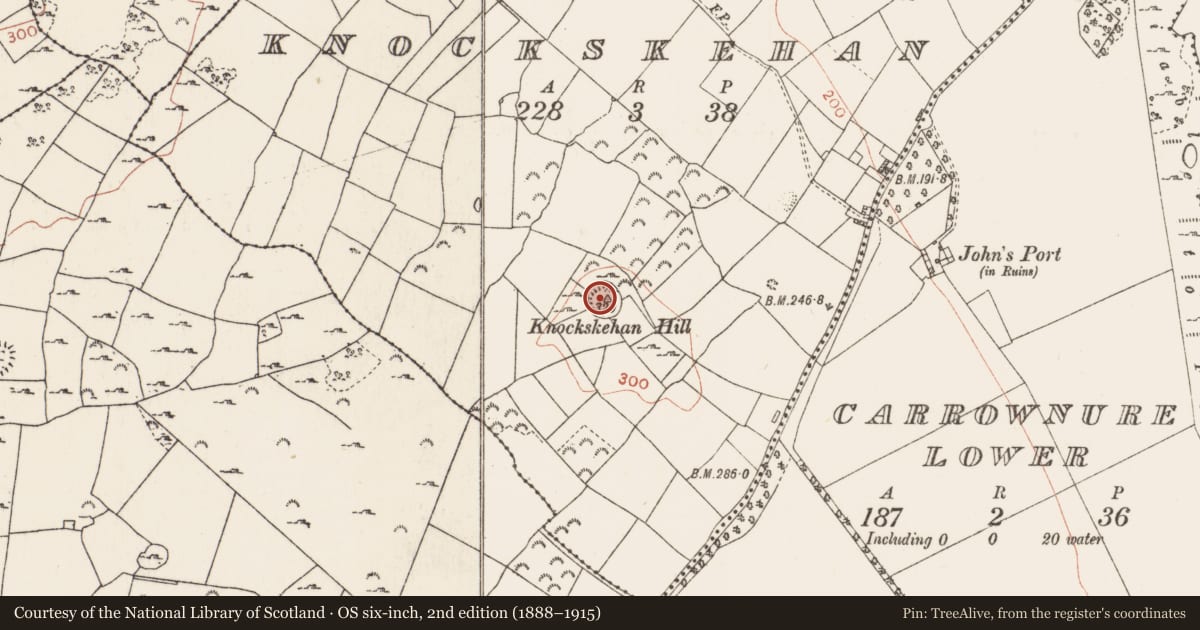 Ordnance Survey six-inch map, 2nd edition (1888–1915) covering the location of Ringfort - rath, Knockskehan, County Roscommon, with a pin at the register's coordinates