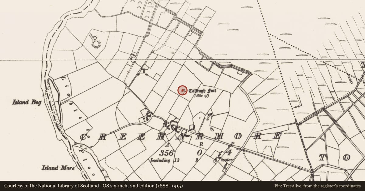 Ordnance Survey six-inch map, 2nd edition (1888–1915) covering the location of Ringfort - rath, Creeharmore, County Roscommon, with a pin at the register's coordinates