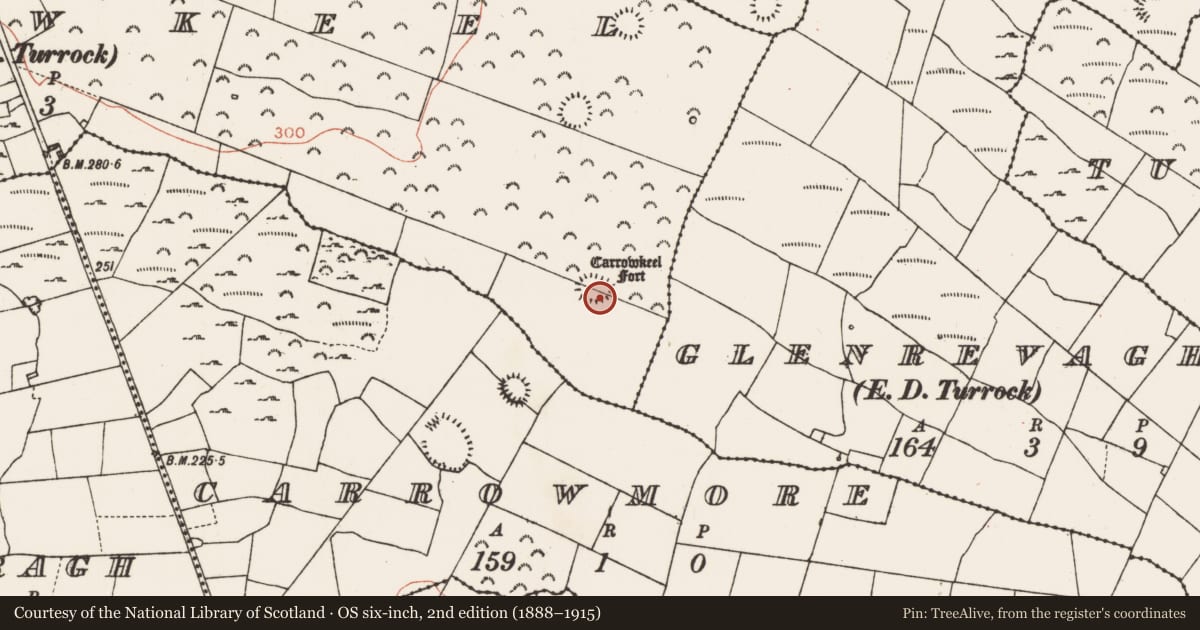 Ordnance Survey six-inch map, 2nd edition (1888–1915) covering the location of Enclosure, Carrowkeel, County Roscommon, with a pin at the register's coordinates