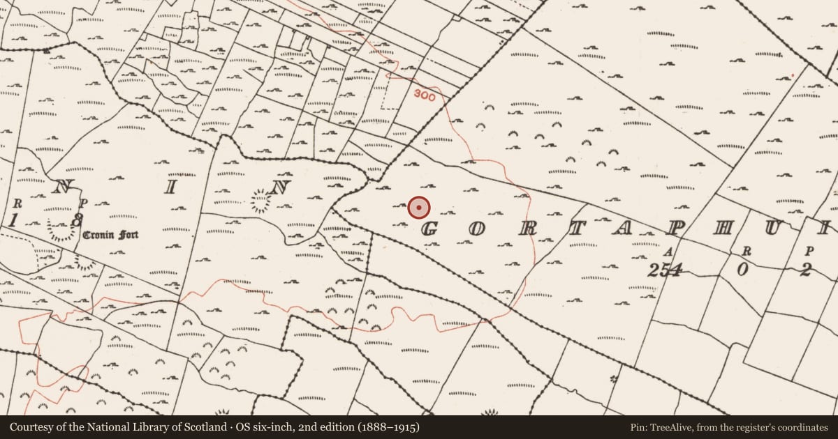 Ordnance Survey six-inch map, 2nd edition (1888–1915) covering the location of House - indeterminate date, Gortaphuill, County Roscommon, with a pin at the register's coordinates