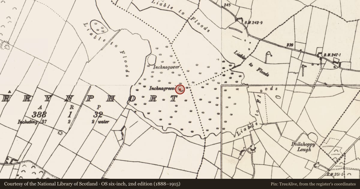 Ordnance Survey six-inch map, 2nd edition (1888–1915) covering the location of Crannog, Garrynphort, County Roscommon, with a pin at the register's coordinates