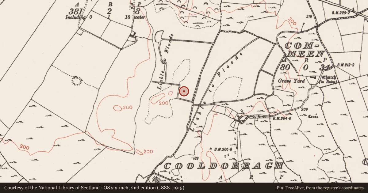 Ordnance Survey six-inch map, 2nd edition (1888–1915) covering the location of Moated site, Bredagh, County Roscommon, with a pin at the register's coordinates