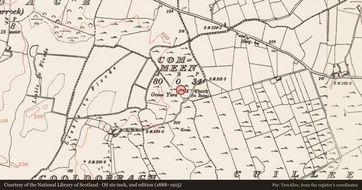 Ordnance Survey six-inch map, 2nd edition (1888–1915) covering the location of House - medieval, Commeen, County Roscommon, with a pin at the register's coordinates