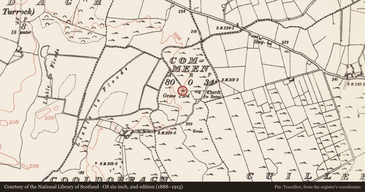 Ordnance Survey six-inch map, 2nd edition (1888–1915) covering the location of Ecclesiastical enclosure, Commeen, County Roscommon, with a pin at the register's coordinates