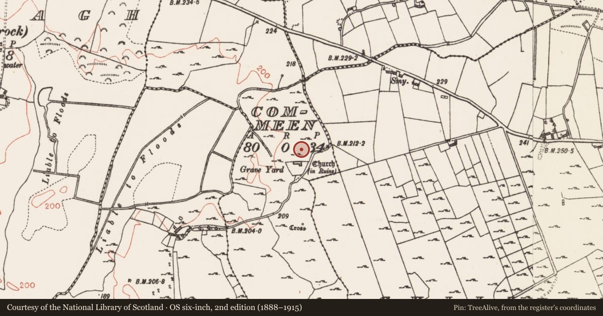 Ordnance Survey six-inch map, 2nd edition (1888–1915) covering the location of Field boundary, Commeen, County Roscommon, with a pin at the register's coordinates